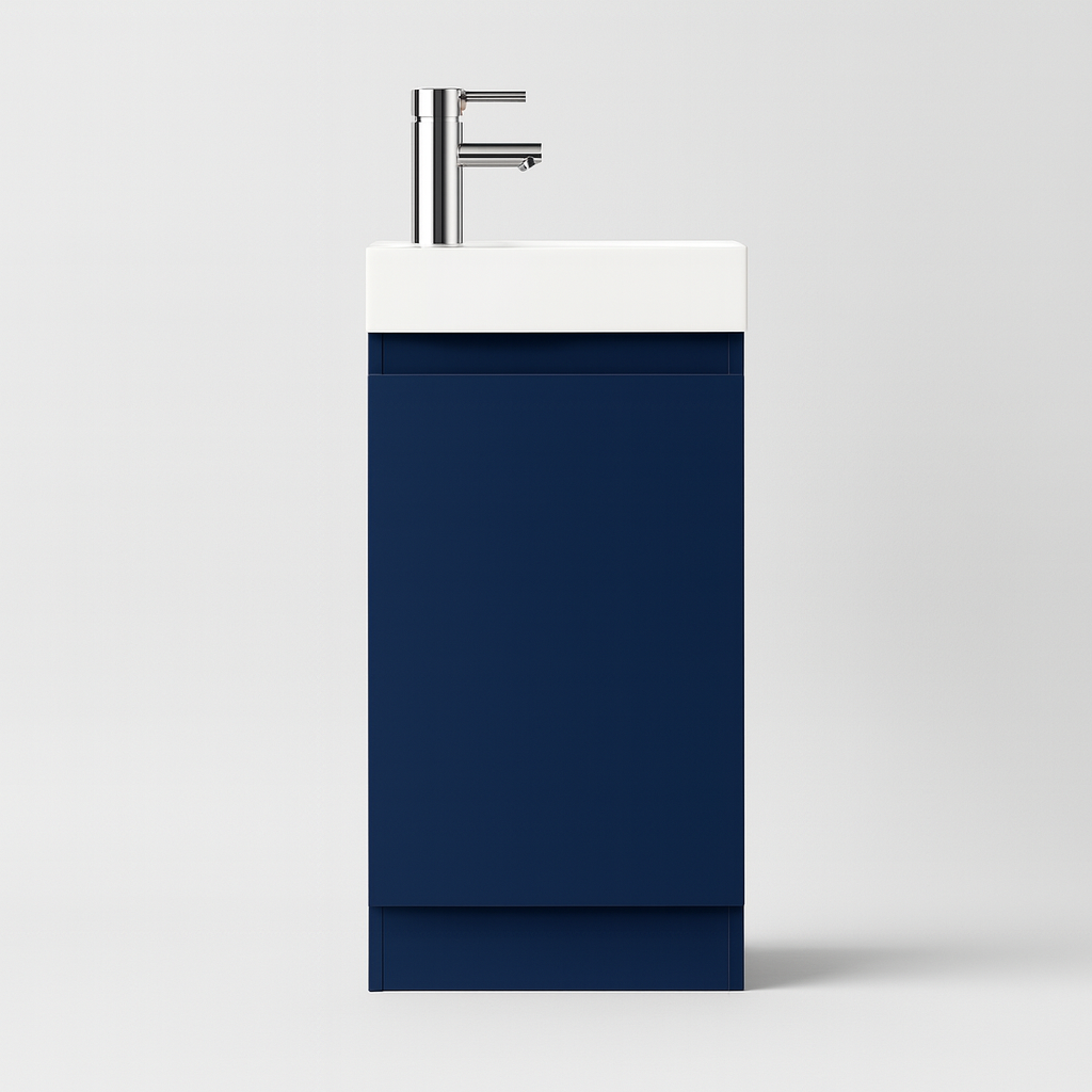 Blue vanity unit with white countertop and silver faucet on a light gray background