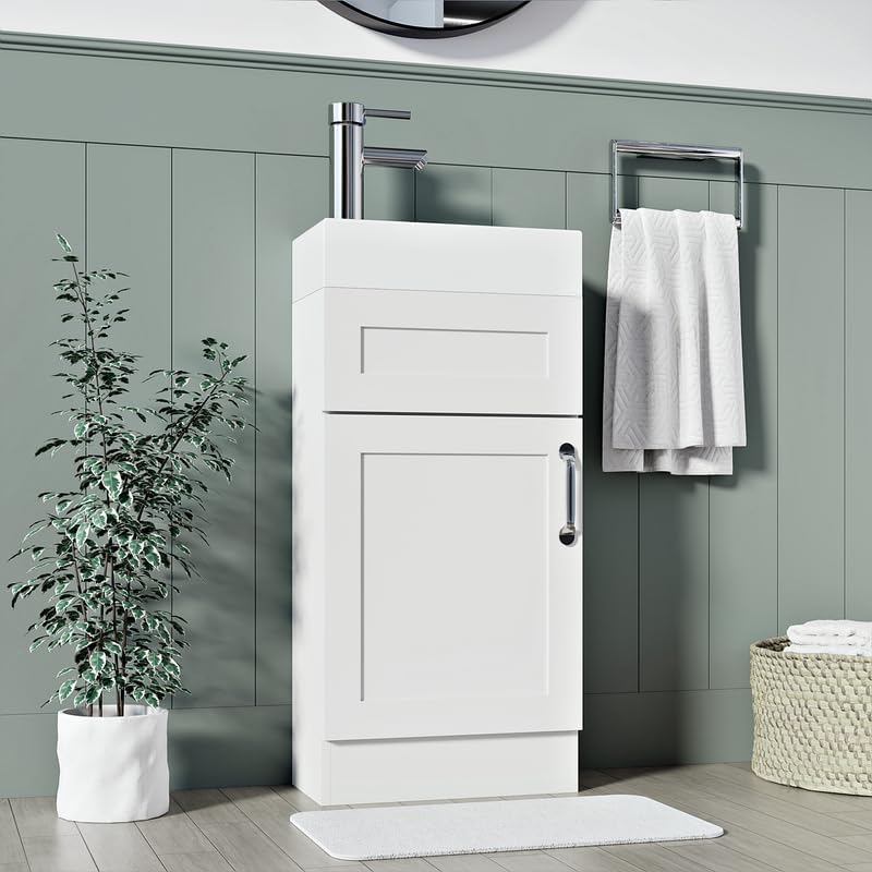 400mm matt white vanity unit with white ceramic sink and chrome faucet in modern bathroom
