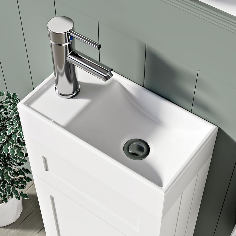 Close-up of 400mm matt white vanity with white rectangular sink and chrome single-lever faucet