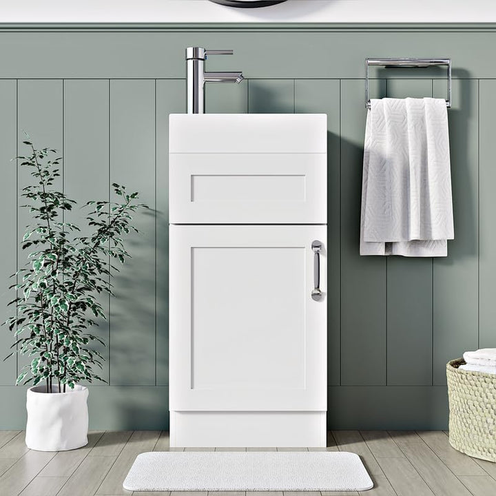 400mm Matt white vanity unit with drawer and cabinet storage in sage green bathroom
