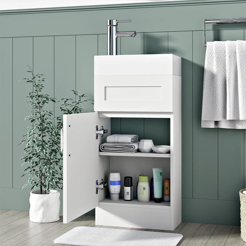 400mm matt white vanity unit with open cabinet door showing internal storage shelves and towels