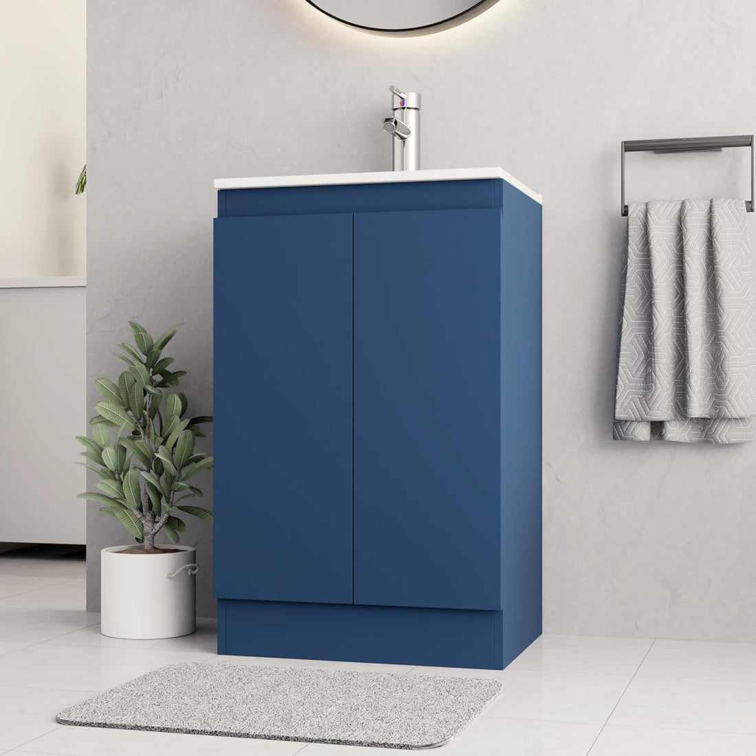 500mm dark blue vanity unit with handleless double cabinet doors in contemporary bathroom