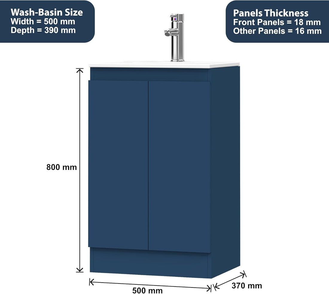 500mm dark blue vanity unit dimensions showing 800mm height and 370mm depth specifications