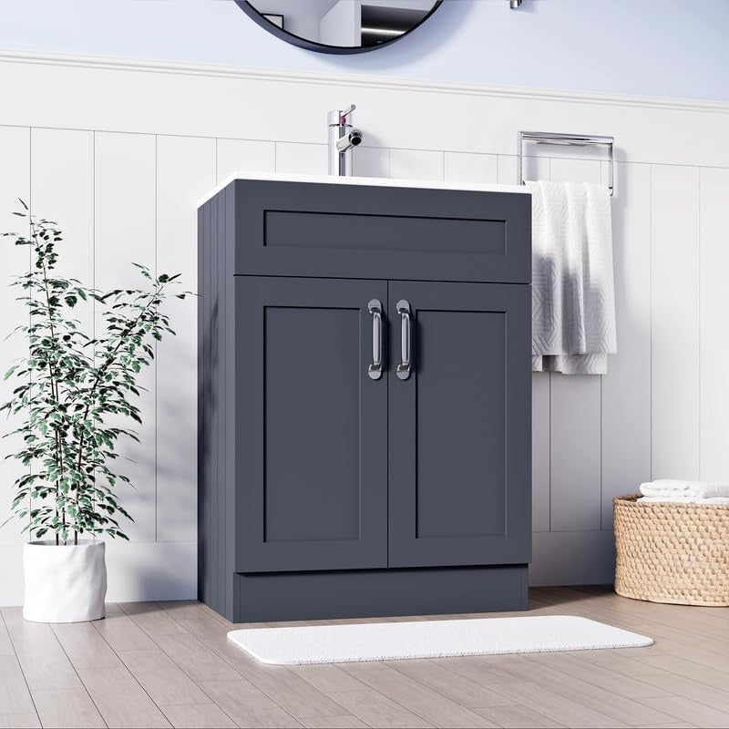 500mm dark grey vanity unit with white integrated sink and chrome handles in modern bathroom