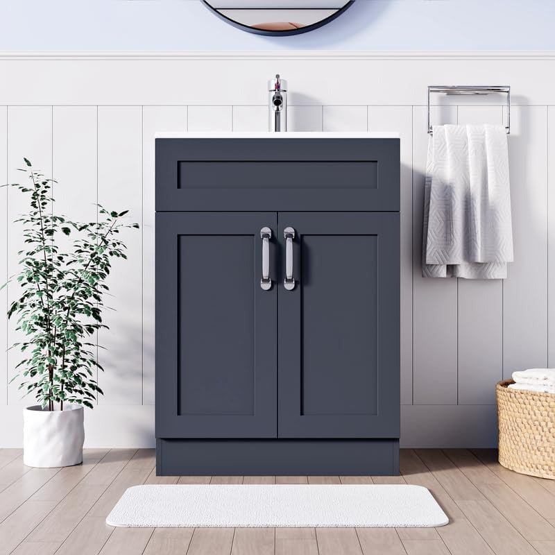 500mm dark grey vanity unit with drawer and double cabinet doors in white tiled bathroom