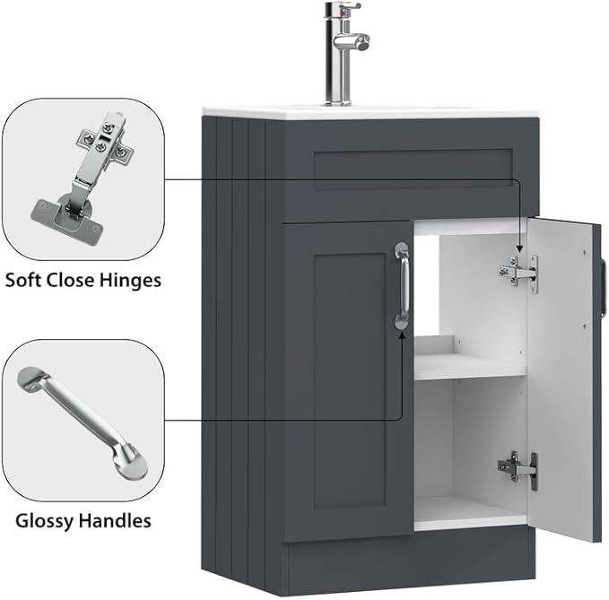 Soft close hinges and glossy chrome handles feature on 500mm dark grey vanity unit cabinet