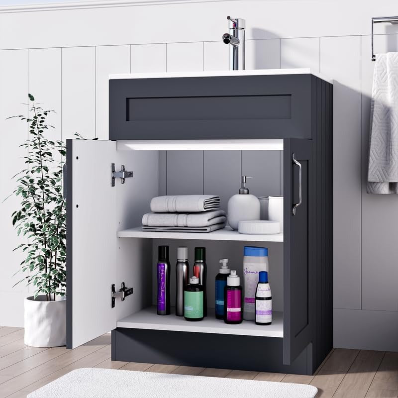 500mm dark grey vanity unit with open double doors showing internal storage shelves and towels