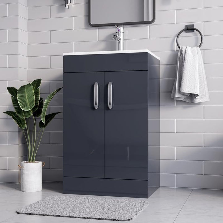500mm grey gloss vanity unit with white integrated sink and chrome handles in modern bathroom