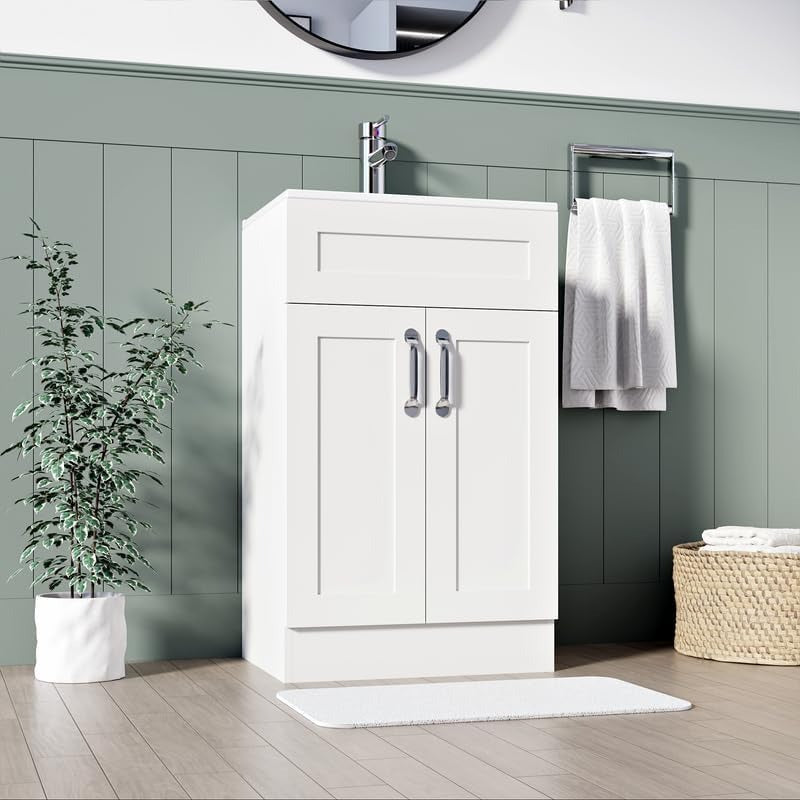 500mm matt white vanity unit with drawer and double cabinet doors in modern bathroom