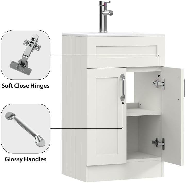 Soft close hinges and glossy chrome handles feature on 500mm matt white vanity unit cabinet