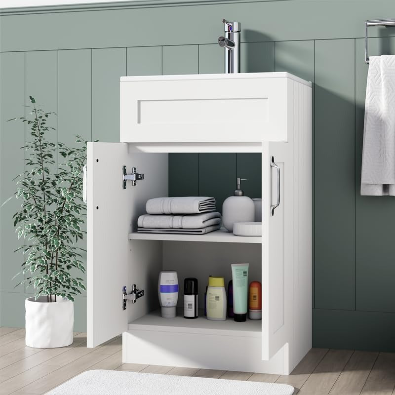 500mm matt white vanity unit with open double doors showing internal storage shelves and towels