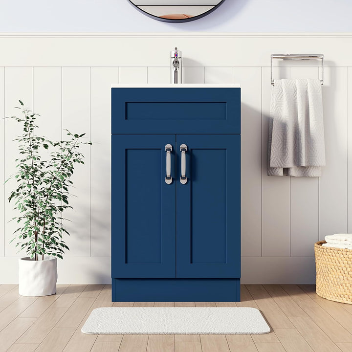 500mm navy blue vanity unit with white sink and chrome handles in modern bathroom