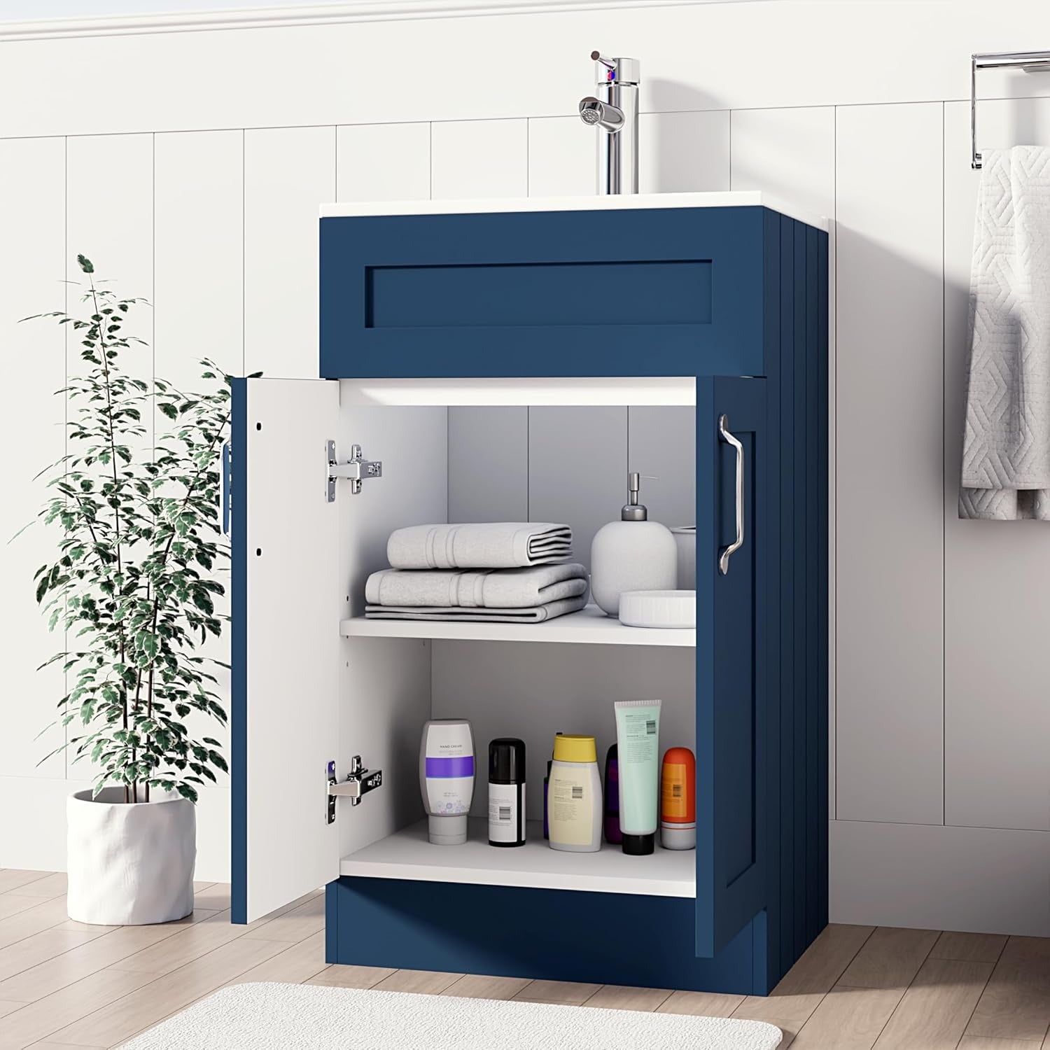500mm navy blue vanity unit with open double doors showing internal storage shelves