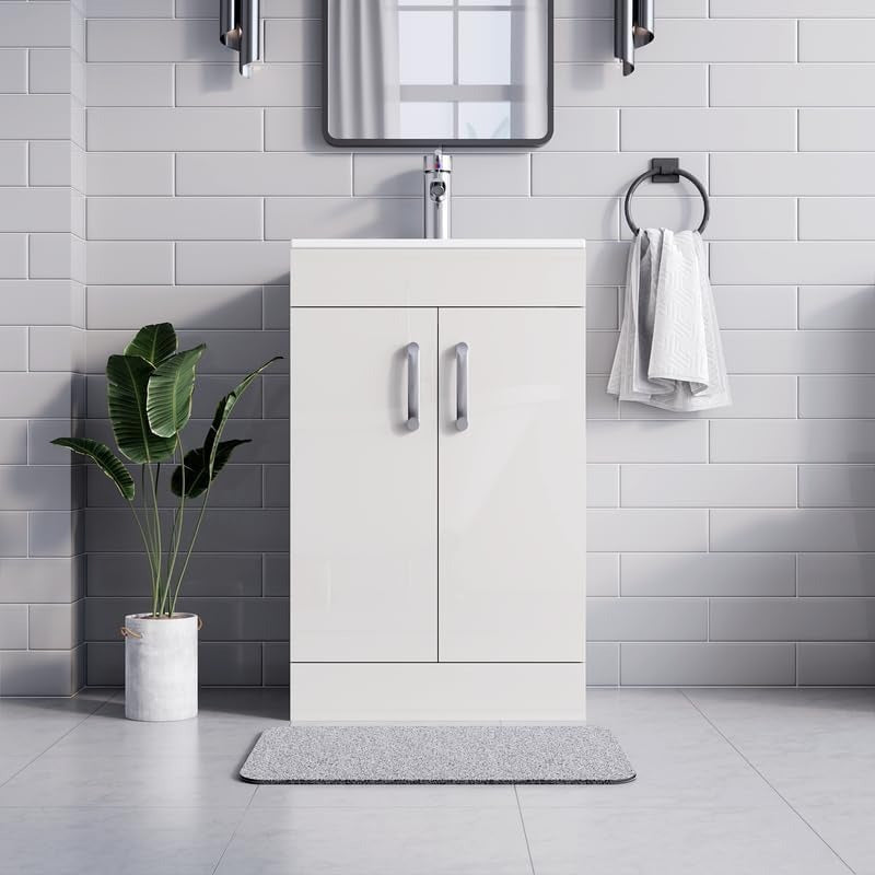 500mm new york white vanity unit with double cabinet doors in white tiled bathroom