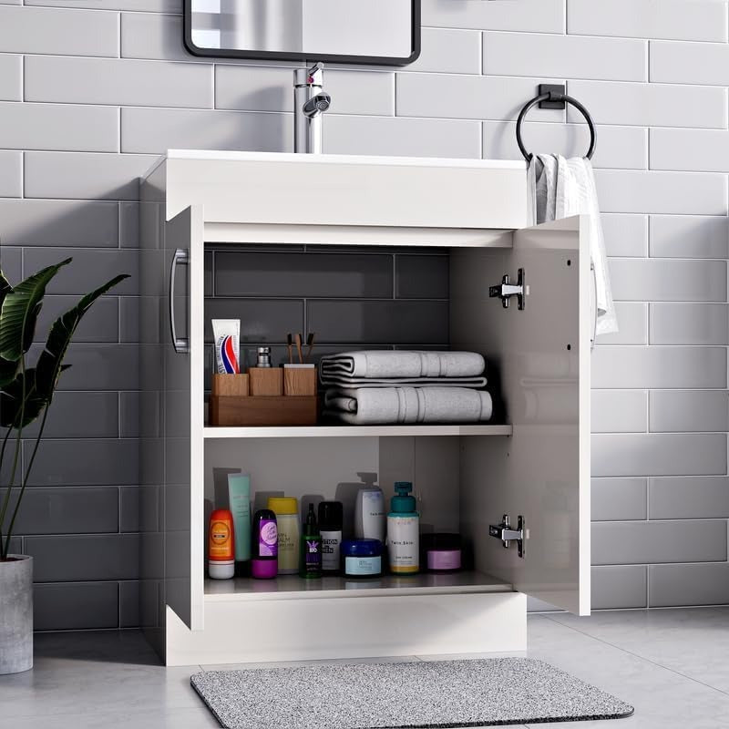 500mm new york white vanity unit with open cabinet doors showing internal storage shelves