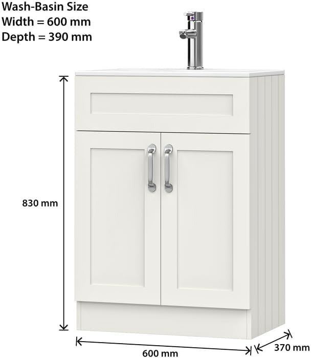 600mm Matt White Vanity Unit - Floor Standing with Basin