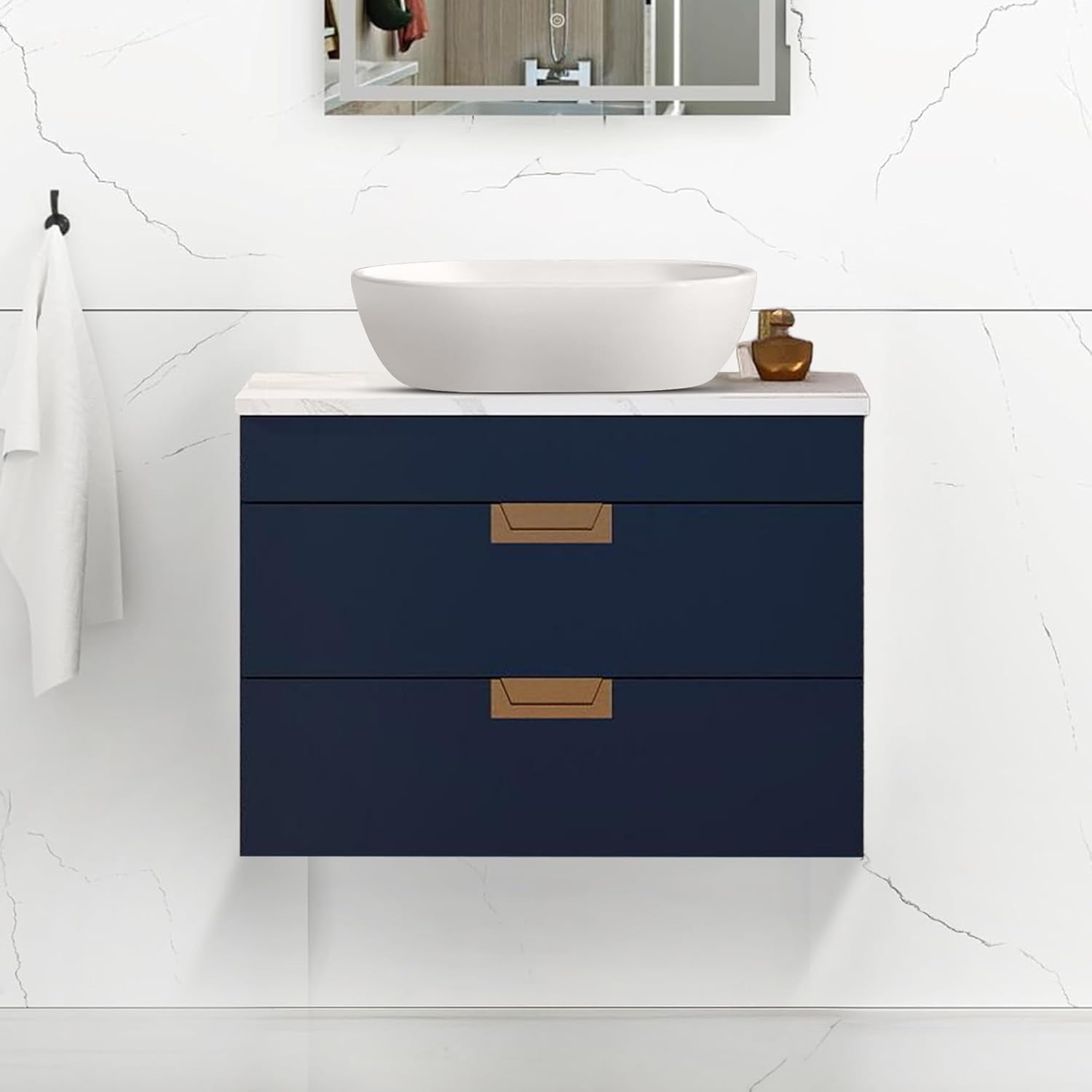 600mm Navy Blue Wall Mounted Vanity Unit with Drawers