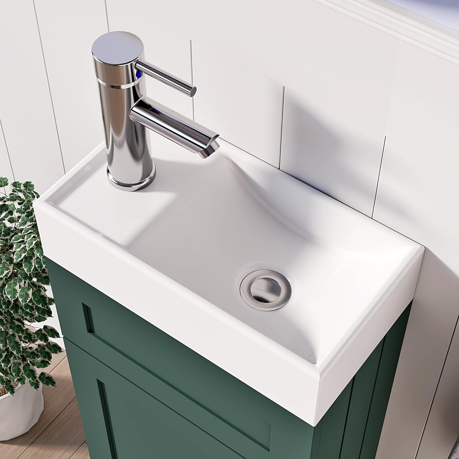 Close-up of 400mm dark green vanity with white rectangular sink and chrome single-lever faucet
