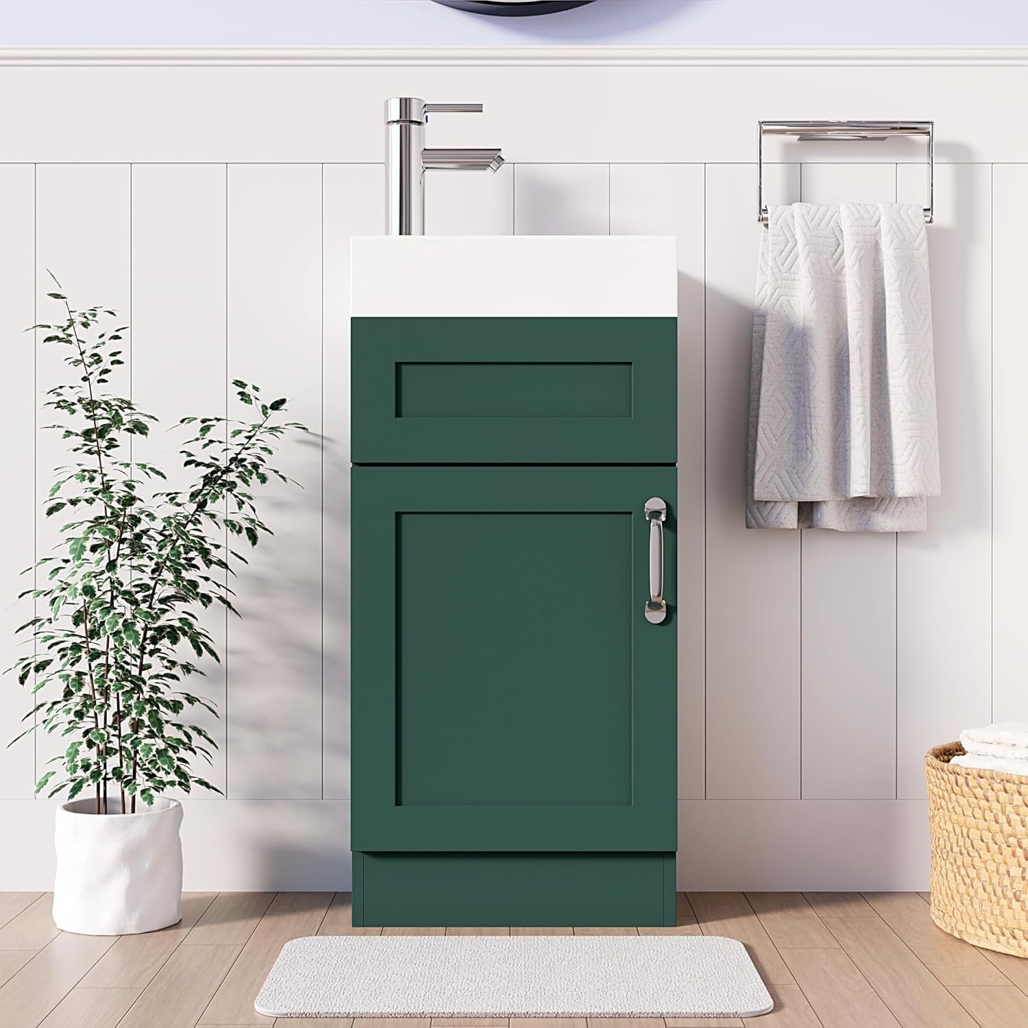 Dark green 400mm bathroom vanity unit with drawer and cabinet storage in white tiled bathroom
