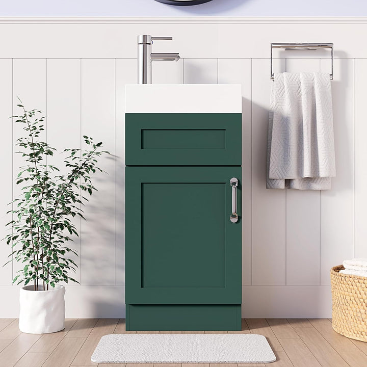 Dark green 400mm bathroom vanity unit with drawer and cabinet storage in white tiled bathroom