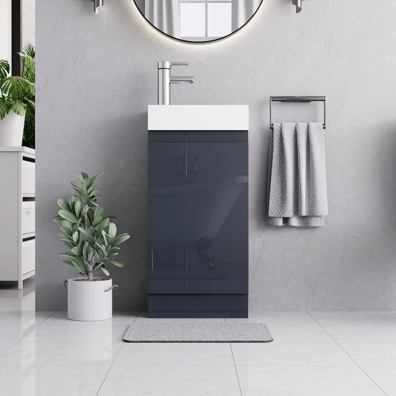 Grey gloss 400mm bathroom vanity unit with cabinet storage in contemporary grey bathroom