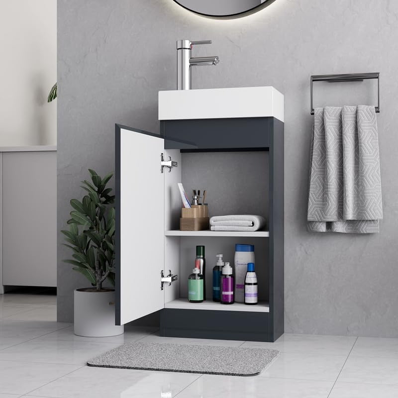 Grey gloss 400mm vanity unit with open cabinet door showing internal storage shelves