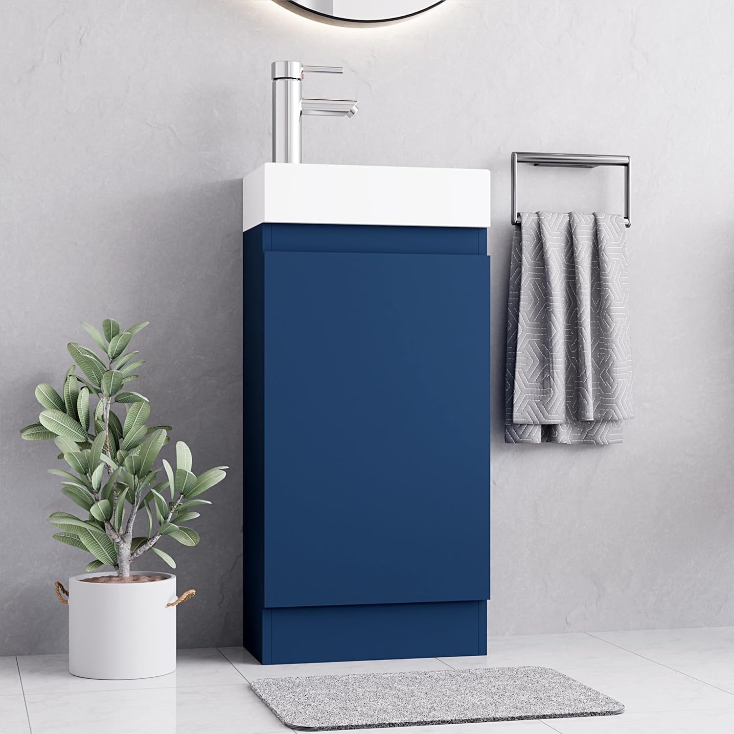 Inky blue 400mm bathroom vanity unit with cabinet storage in contemporary grey bathroom