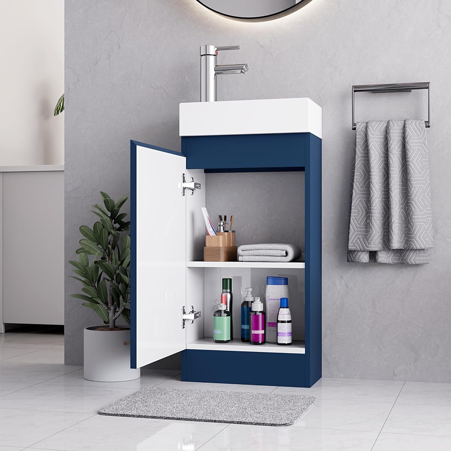 Inky blue 400mm vanity unit with open cabinet door showing internal storage shelves