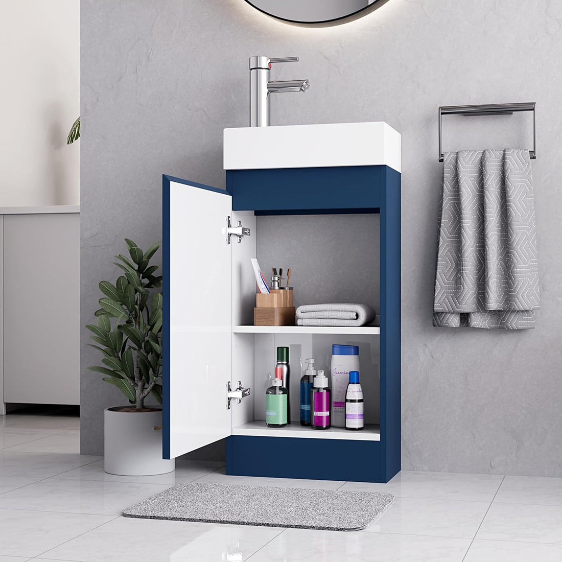 Inky blue 400mm vanity unit with open cabinet door showing internal storage shelves