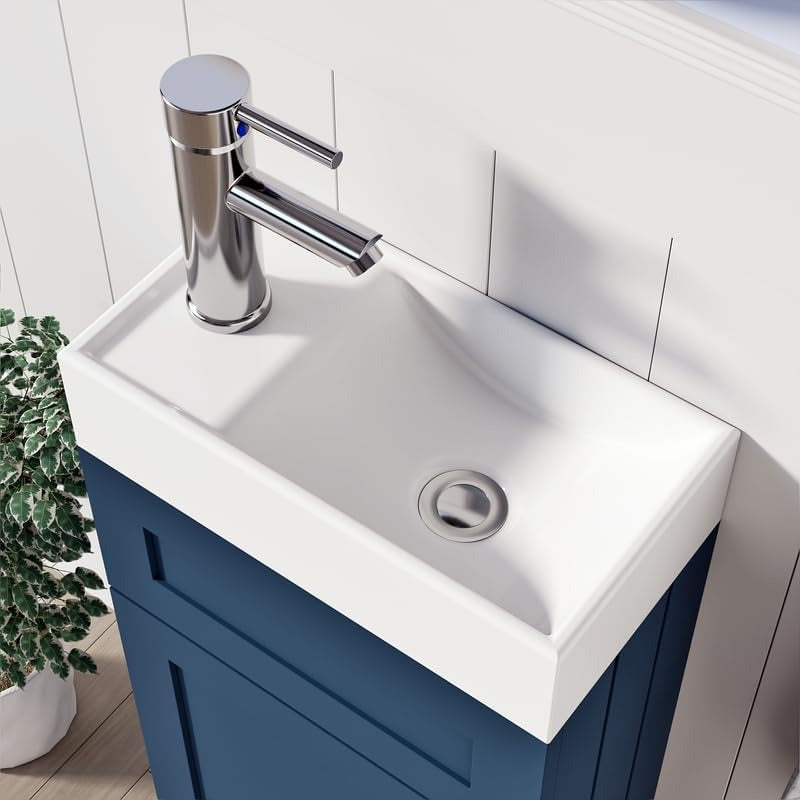 Close-up of 400mm navy blue vanity with white rectangular sink and chrome single-lever faucet