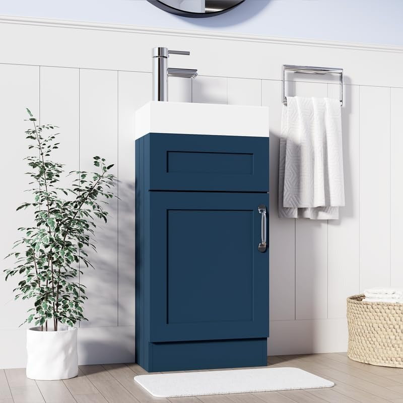 Navy blue vanity unit 400mm with white ceramic sink and chrome faucet in modern bathroom