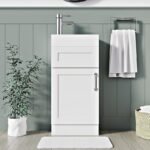 400mm Matt white vanity unit with drawer and cabinet storage in sage green bathroom
