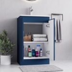 500mm dark blue vanity unit with open cabinet door showing internal storage shelves and towels