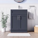 500mm dark grey vanity unit with drawer and double cabinet doors in white tiled bathroom