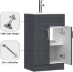 Soft close hinges and glossy chrome handles feature on 500mm dark grey vanity unit cabinet