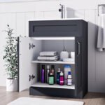 500mm dark grey vanity unit with open double doors showing internal storage shelves and towels