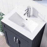 Close-up of white integrated sink with chrome faucet on 500mm dark grey vanity unit