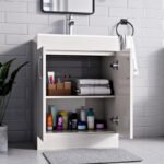 500mm new york white vanity unit with open cabinet doors showing internal storage shelves