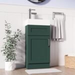 Dark green vanity unit 400mm with white ceramic sink and chrome faucet in modern bathroom