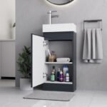 Grey gloss 400mm vanity unit with open cabinet door showing internal storage shelves
