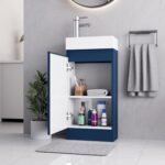 Inky blue 400mm vanity unit with open cabinet door showing internal storage shelves