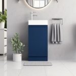 Inky blue vanity unit 400mm with white ceramic sink and chrome faucet in modern bathroom