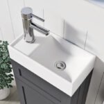 Close-up of 400mm light grey vanity with white rectangular sink and chrome single-lever faucet