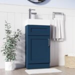 Navy blue vanity unit 400mm with white ceramic sink and chrome faucet in modern bathroom